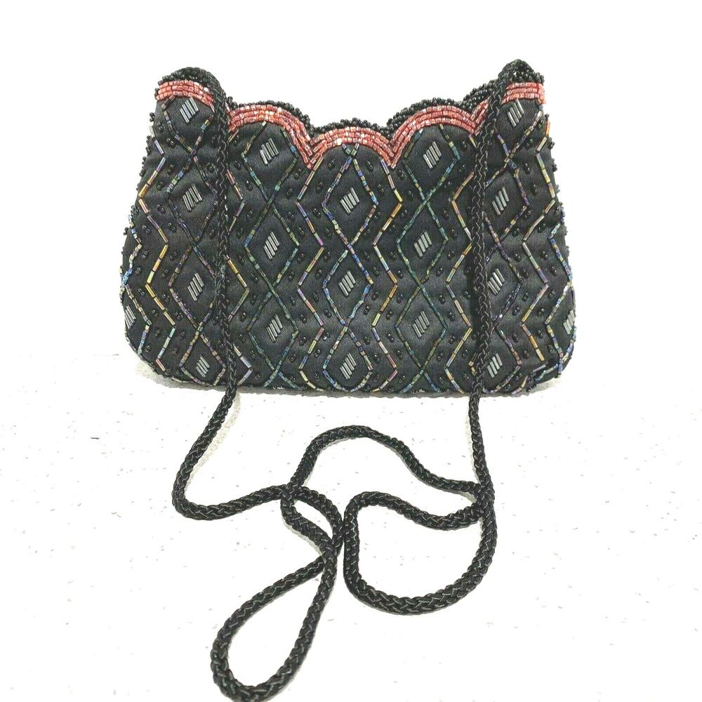 Vintage Valerie Stevens Black Satin Evening Bag Multi Color Beaded Top Zip Purse